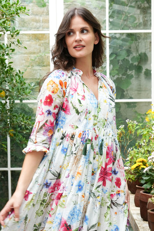 Eden Dress Crew Neck 3/4 Sleeve Maxi Length Cotton Musola (Multicolor Botanic Small)