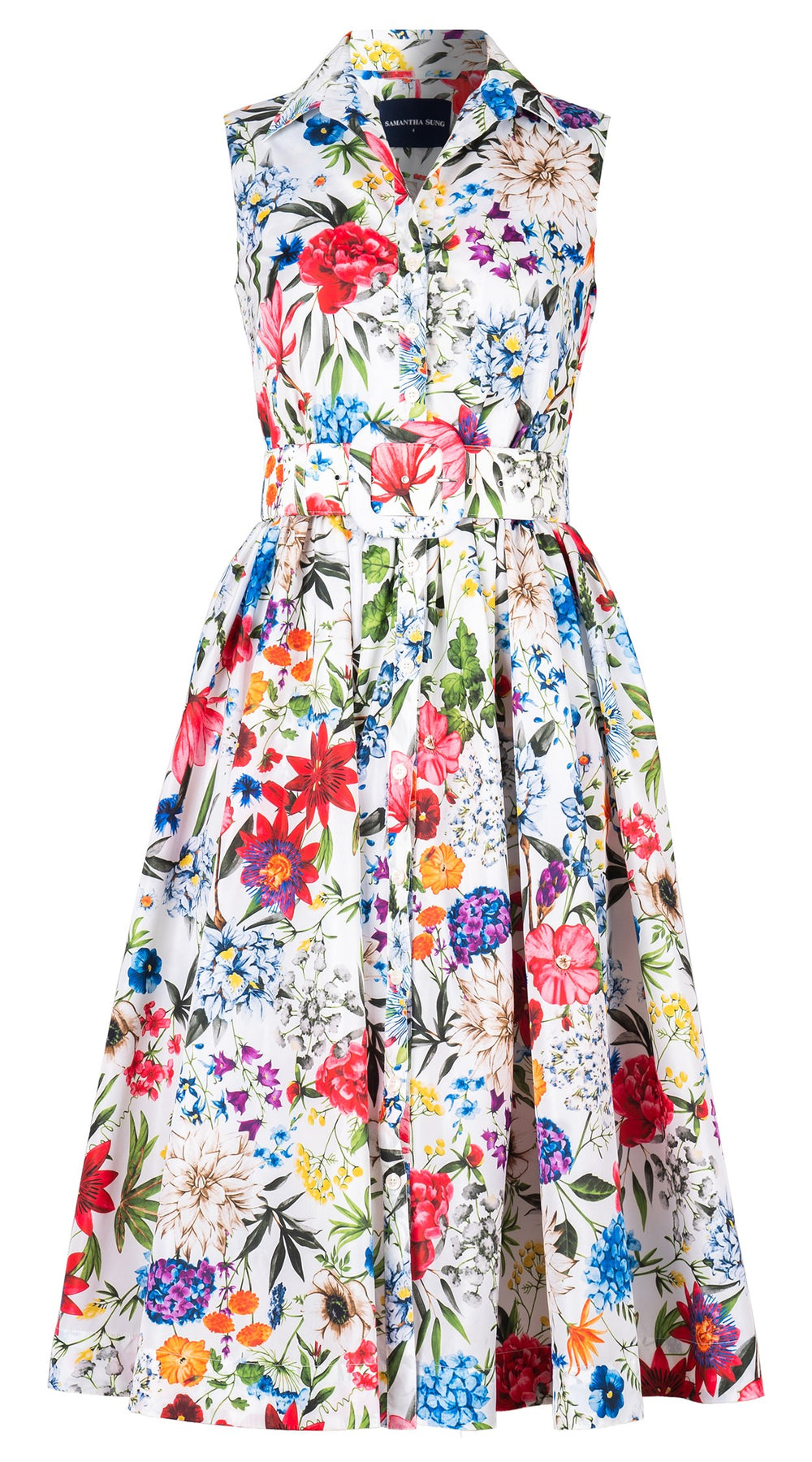 Terry Dress Shirt Collar Sleeveless Midi Length Silk Taffta (Multicolor Botanic Small)
