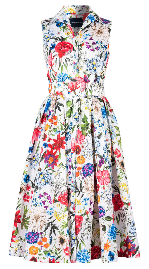 Terry Dress Shirt Collar Sleeveless Midi Length Silk Taffta (Multicolor Botanic Small)