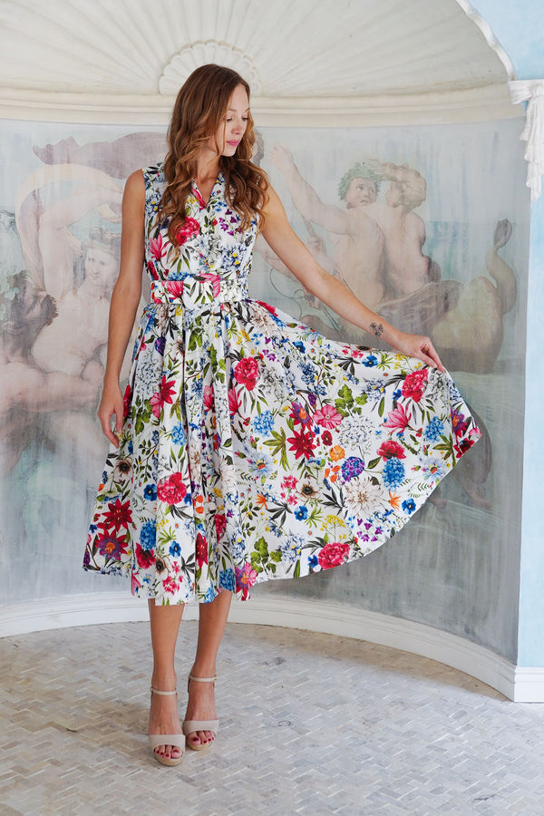 Terry Dress Shirt Collar Sleeveless Midi Length Poliamide Taffta (Multicolor Botanic Small)