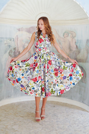 Terry Dress Shirt Collar Sleeveless Midi Length Poliamide Taffta (Multicolor Botanic Small)