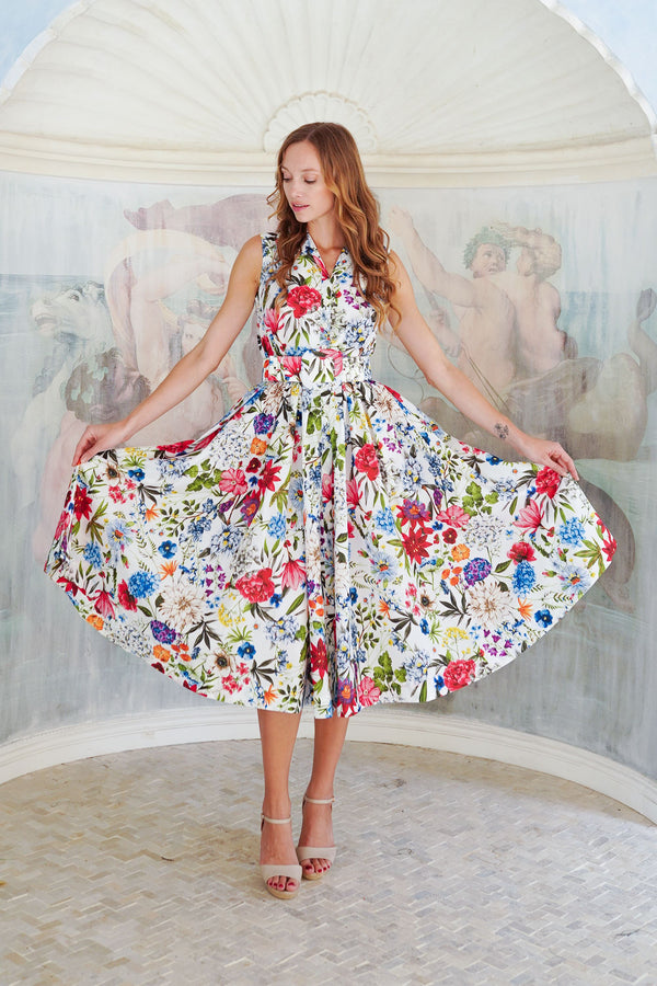 Terry Dress Shirt Collar Sleeveless Midi Length Poliamide Taffta (Multicolor Botanic Small)