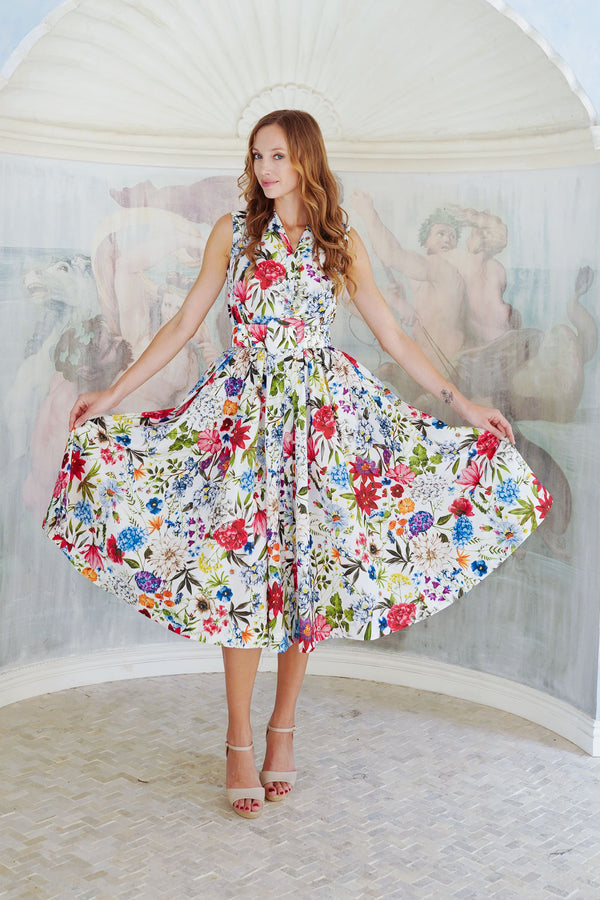 Terry Dress Shirt Collar Sleeveless Midi Length Poliamide Taffta (Multicolor Botanic Small)