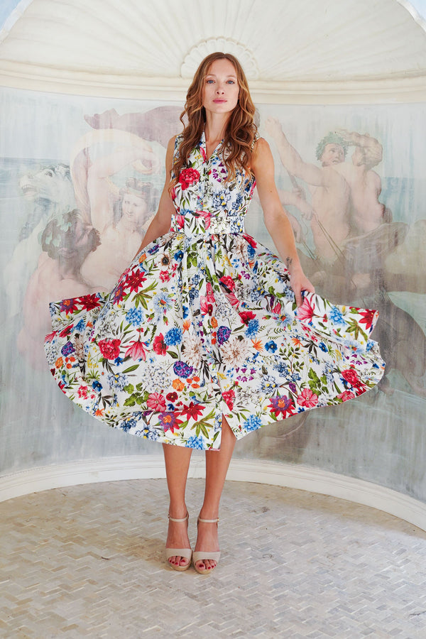 Terry Dress Shirt Collar Sleeveless Midi Length Poliamide Taffta (Multicolor Botanic Small)