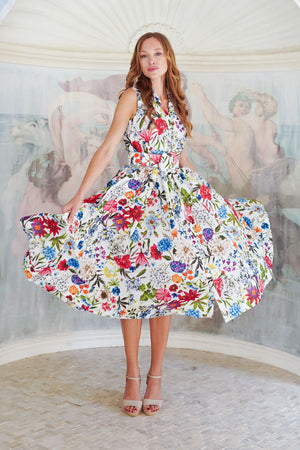 Terry Dress Shirt Collar Sleeveless Midi Length Poliamide Taffta (Multicolor Botanic Small)