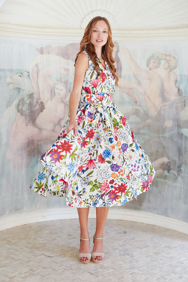 Terry Dress Shirt Collar Sleeveless Midi Length Poliamide Taffta (Multicolor Botanic Small)