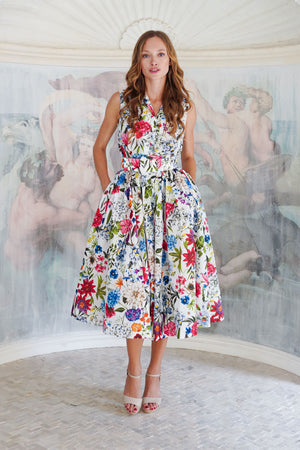 Terry Dress Shirt Collar Sleeveless Midi Length Poliamide Taffta (Multicolor Botanic Small)