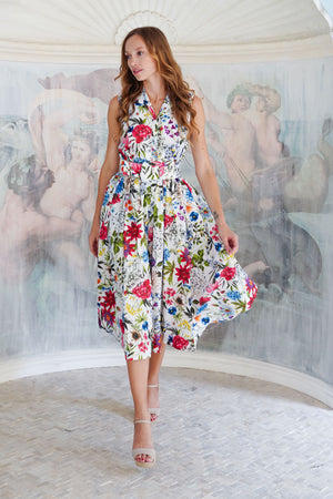 Terry Dress Shirt Collar Sleeveless Midi Length Poliamide Taffta (Multicolor Botanic Small)