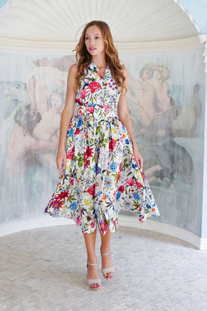 Terry Dress Shirt Collar Sleeveless Midi Length Poliamide Taffta (Multicolor Botanic Small)