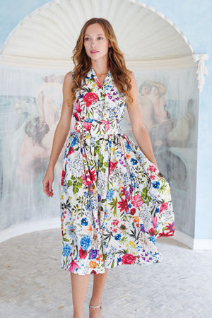 Terry Dress Shirt Collar Sleeveless Midi Length Poliamide Taffta (Multicolor Botanic Small)