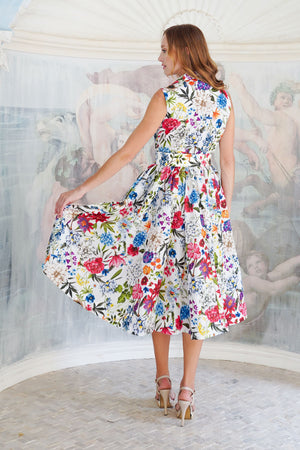 Terry Dress Shirt Collar Sleeveless Midi Length Poliamide Taffta (Multicolor Botanic Small)