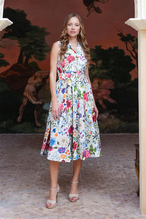 Terry Dress Shirt Collar Sleeveless Midi Length Poliamide Taffta (Multicolor Botanic Small)