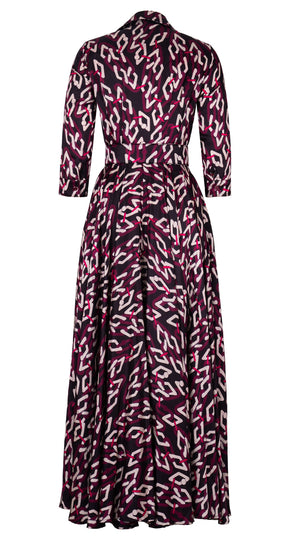 Aster Dress Shirt Collar 3/4 Sleeve Maxi Length Silk Twill (Multi Chain Dark) - Black Pink