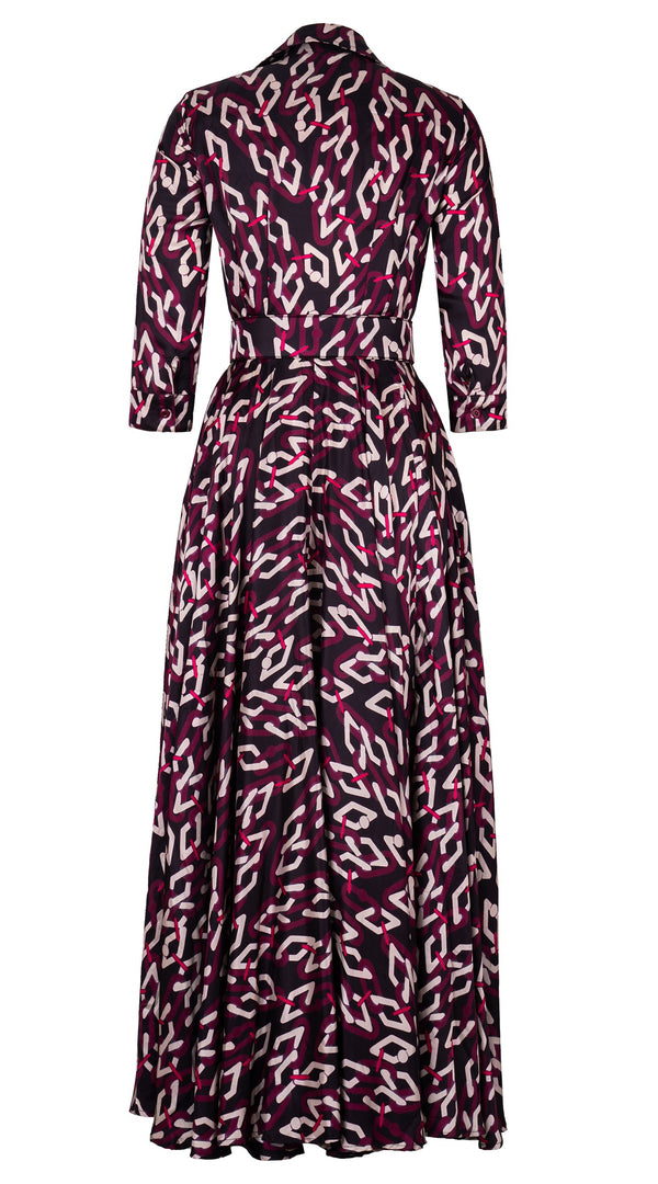 Aster Dress Shirt Collar 3/4 Sleeve Maxi Length Silk Twill (Multi Chain Dark) - Black Pink