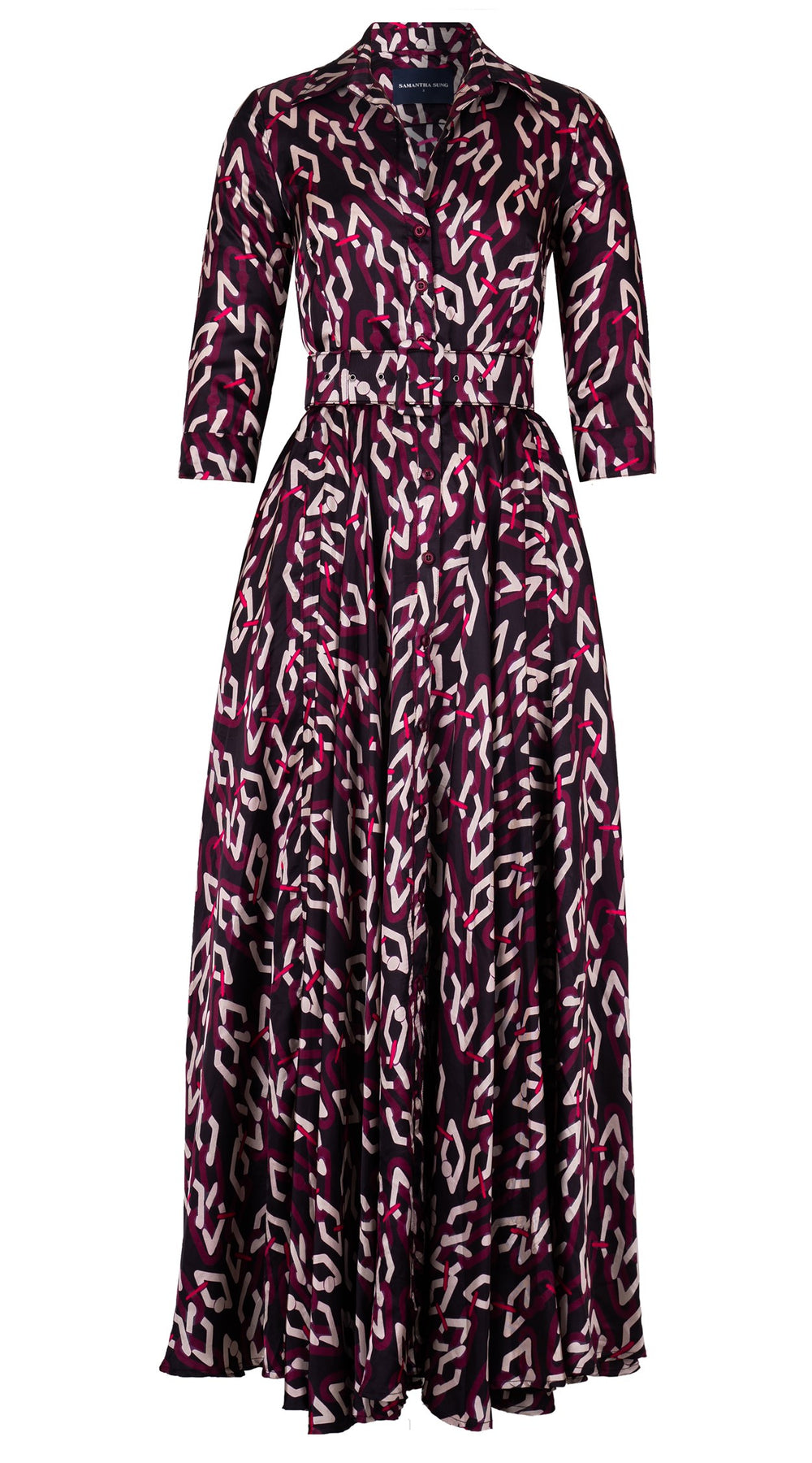 Aster Dress Shirt Collar 3/4 Sleeve Maxi Length Silk Twill (Multi Chain Dark) - Black Pink