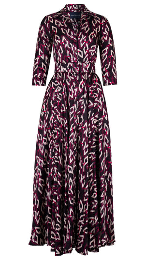 Aster Dress Shirt Collar 3/4 Sleeve Maxi Length Silk Twill (Multi Chain Dark) - Black Pink