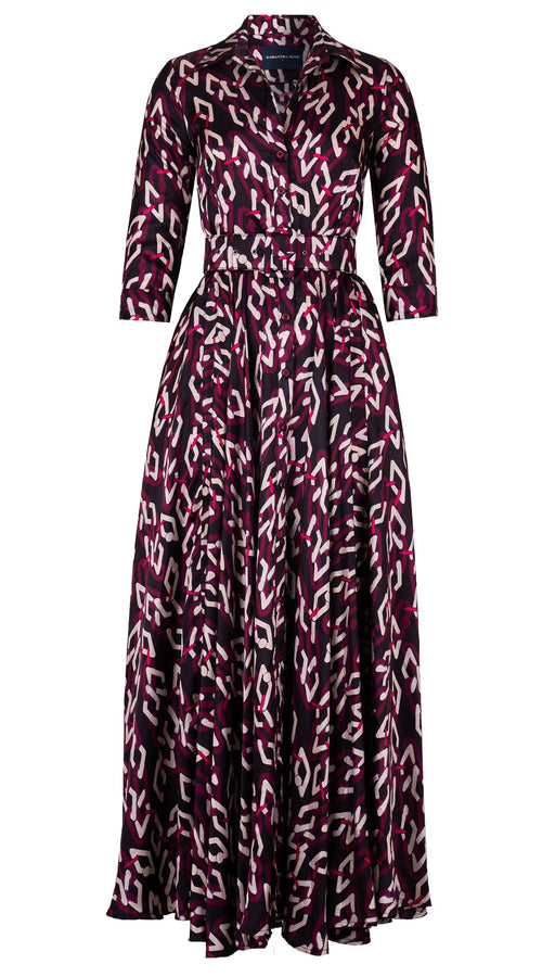 Aster Dress Shirt Collar 3/4 Sleeve Maxi Length Silk Twill (Multi Chain Dark) - Black Pink