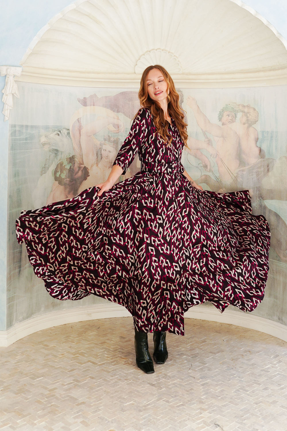 Aster Dress Shirt Collar 3/4 Sleeve Maxi Length Silk Twill (Multi Chain Dark) - Black Pink