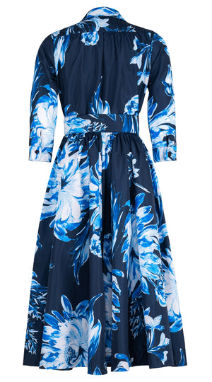 Terry Dress Shirt Collar 3/4 Sleeve Midi Plus Length Silk Taffta (Mum Flower Big Pastel)