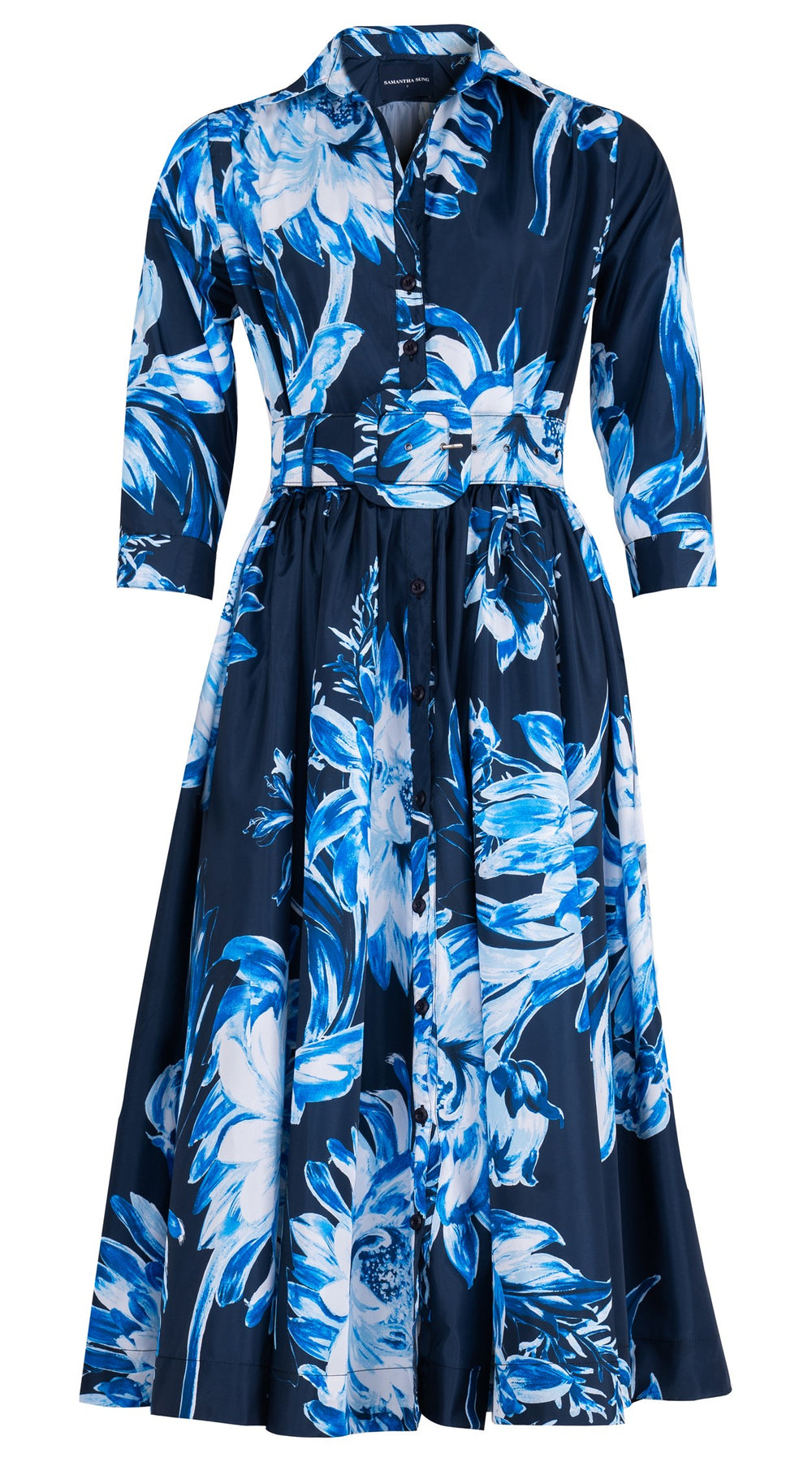 Terry Dress Shirt Collar 3/4 Sleeve Midi Plus Length Silk Taffta (Mum Flower Big Pastel)