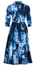 Terry Dress Shirt Collar 3/4 Sleeve Midi Plus Length Silk Taffta (Mum Flower Big Pastel)