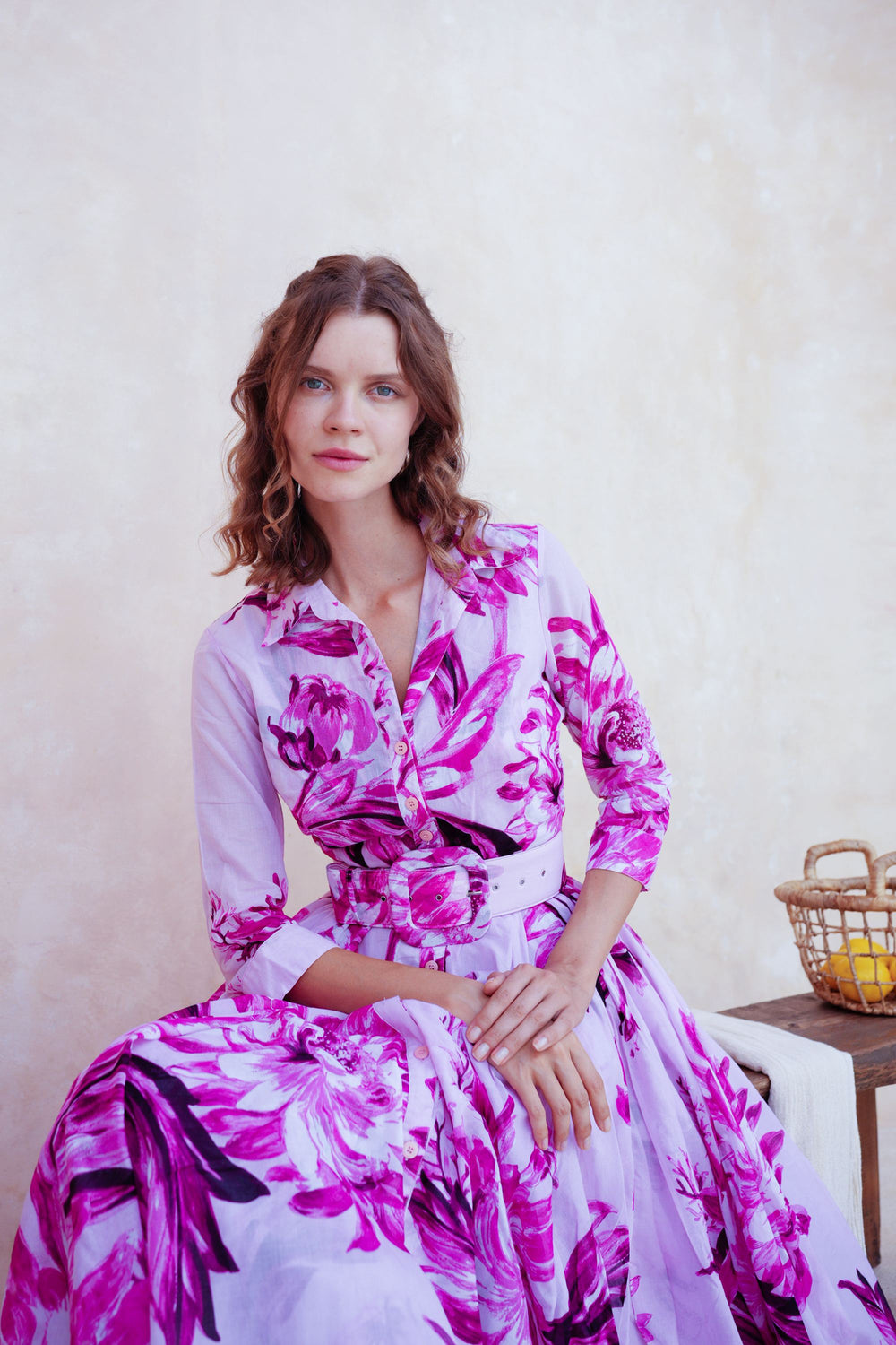 Aster Dress Shirt Collar 3/4 Sleeve Midi Length Cotton Musola (Mum Flower Big Pastel)