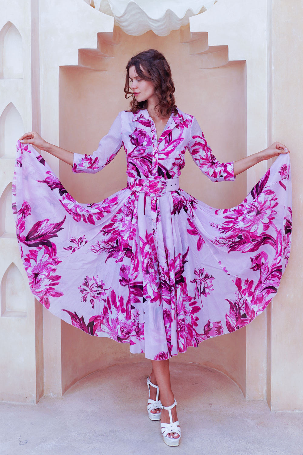 Aster Dress Shirt Collar 3/4 Sleeve Midi Length Cotton Musola (Mum Flower Big Pastel)