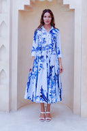 Abelia Dress Shirt Collar 3/4 Sleeve Midi Length Cotton Stretch (Mum Flower Big Pastel)