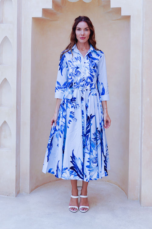 Abelia Dress Shirt Collar 3/4 Sleeve Midi Length Cotton Stretch (Mum Flower Big Pastel)