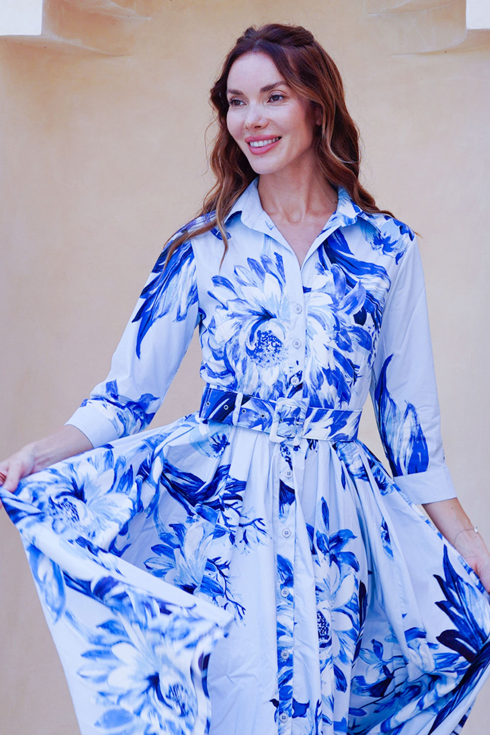 Abelia Dress Shirt Collar 3/4 Sleeve Midi Length Cotton Stretch (Mum Flower Big Pastel)