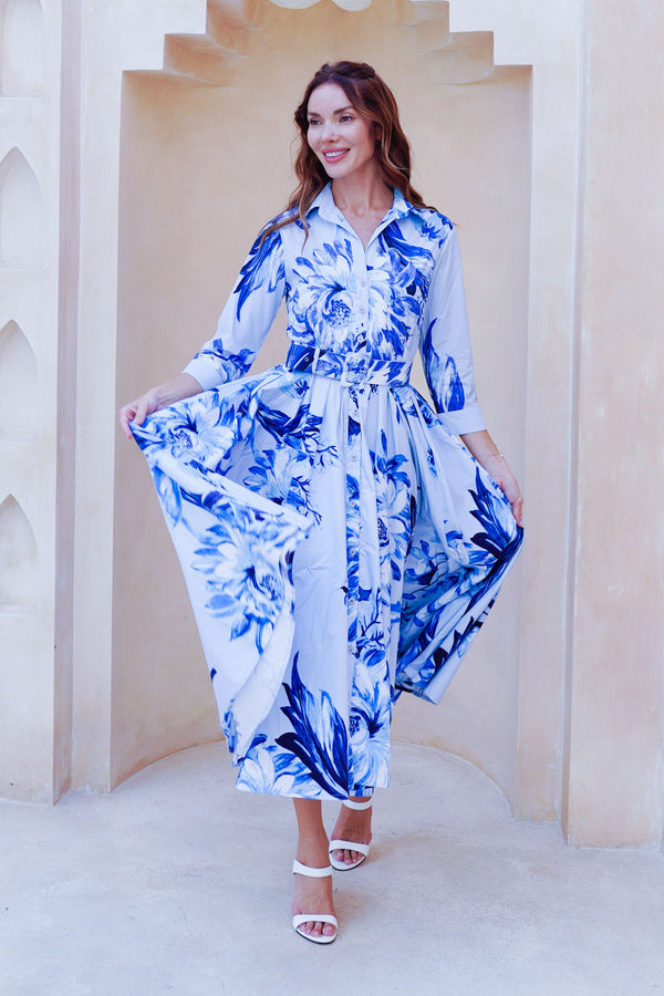 Abelia Dress Shirt Collar 3/4 Sleeve Midi Length Cotton Stretch (Mum Flower Big Pastel)