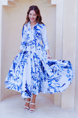 Abelia Dress Shirt Collar 3/4 Sleeve Midi Length Cotton Stretch (Mum Flower Big Pastel)