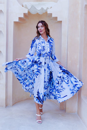 Abelia Dress Shirt Collar 3/4 Sleeve Midi Length Cotton Stretch (Mum Flower Big Pastel)