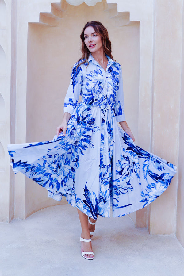 Abelia Dress Shirt Collar 3/4 Sleeve Midi Length Cotton Stretch (Mum Flower Big Pastel)