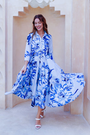 Abelia Dress Shirt Collar 3/4 Sleeve Midi Length Cotton Stretch (Mum Flower Big Pastel)