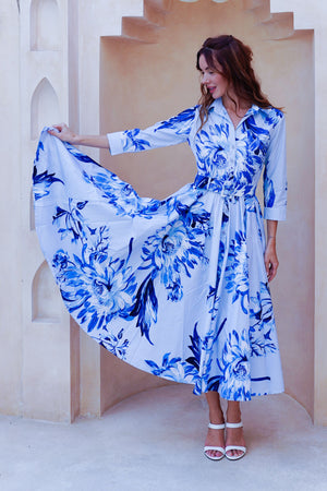 Abelia Dress Shirt Collar 3/4 Sleeve Midi Length Cotton Stretch (Mum Flower Big Pastel)