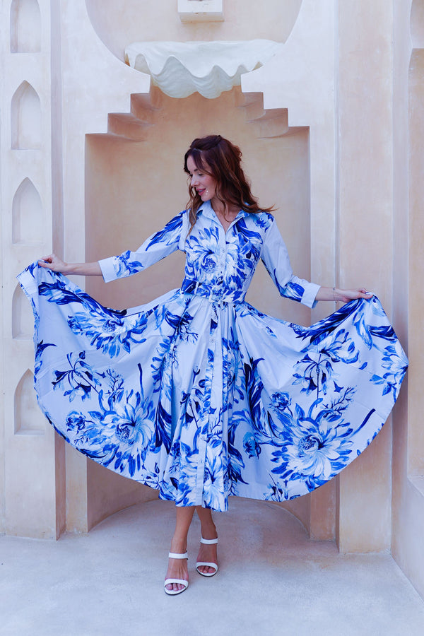 Abelia Dress Shirt Collar 3/4 Sleeve Midi Length Cotton Stretch (Mum Flower Big Pastel)