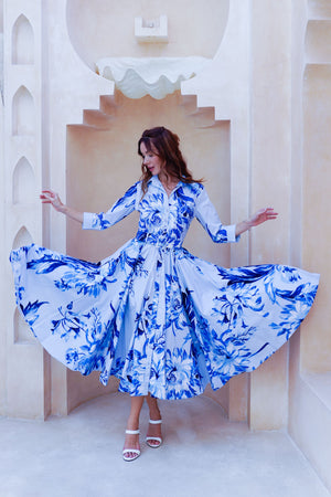 Abelia Dress Shirt Collar 3/4 Sleeve Midi Length Cotton Stretch (Mum Flower Big Pastel)