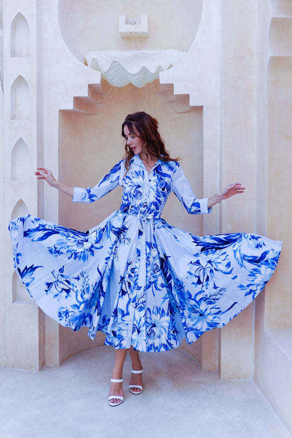 Abelia Dress Shirt Collar 3/4 Sleeve Midi Length Cotton Stretch (Mum Flower Big Pastel)