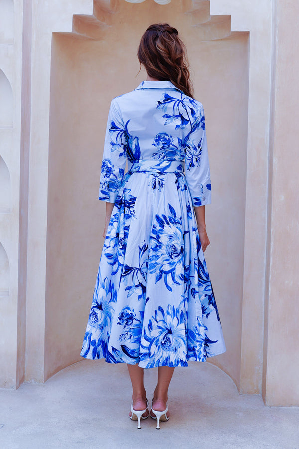 Abelia Dress Shirt Collar 3/4 Sleeve Midi Length Cotton Stretch (Mum Flower Big Pastel)