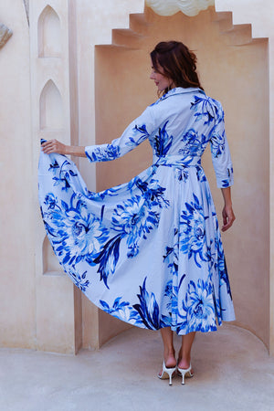 Abelia Dress Shirt Collar 3/4 Sleeve Midi Length Cotton Stretch (Mum Flower Big Pastel)