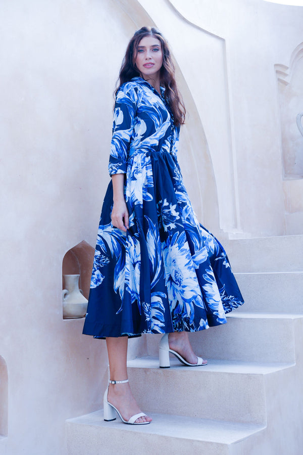 Terry Dress Shirt Collar 3/4 Sleeve Midi Plus Length Poliamide Taffta (Mum Flower Big Pastel)