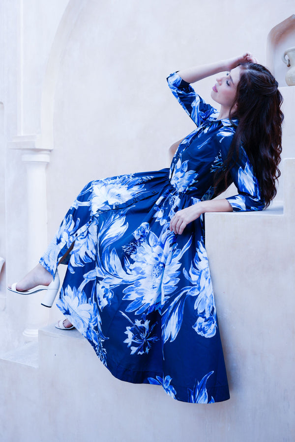 Terry Dress Shirt Collar 3/4 Sleeve Midi Plus Length Poliamide Taffta (Mum Flower Big Pastel)