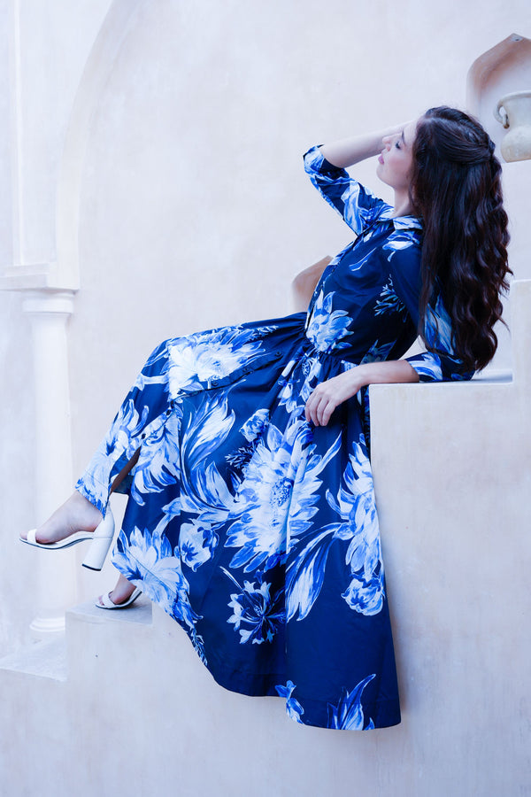 Terry Dress Shirt Collar 3/4 Sleeve Midi Plus Length Poliamide Taffta (Mum Flower Big Pastel)