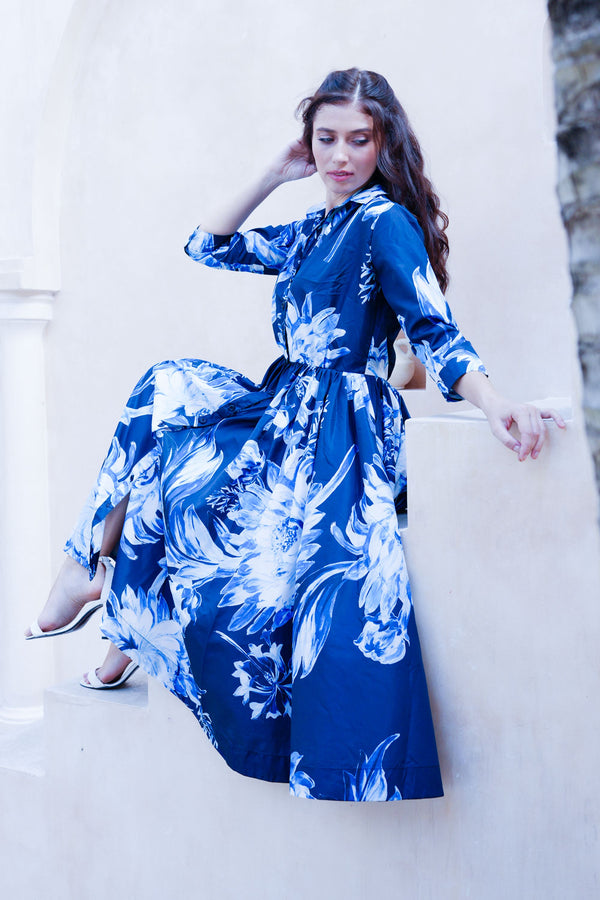 Terry Dress Shirt Collar 3/4 Sleeve Midi Plus Length Poliamide Taffta (Mum Flower Big Pastel)