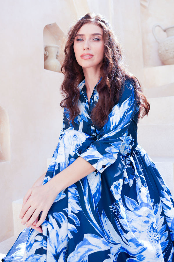 Terry Dress Shirt Collar 3/4 Sleeve Midi Plus Length Poliamide Taffta (Mum Flower Big Pastel)