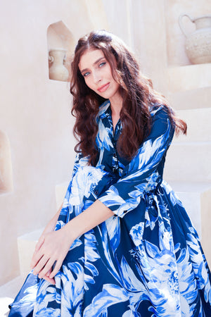 Terry Dress Shirt Collar 3/4 Sleeve Midi Plus Length Poliamide Taffta (Mum Flower Big Pastel)