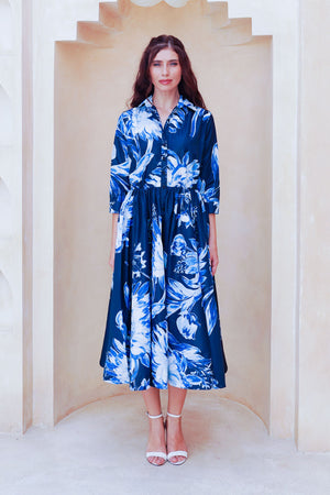 Terry Dress Shirt Collar 3/4 Sleeve Midi Plus Length Poliamide Taffta (Mum Flower Big Pastel)