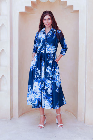 Terry Dress Shirt Collar 3/4 Sleeve Midi Plus Length Poliamide Taffta (Mum Flower Big Pastel)