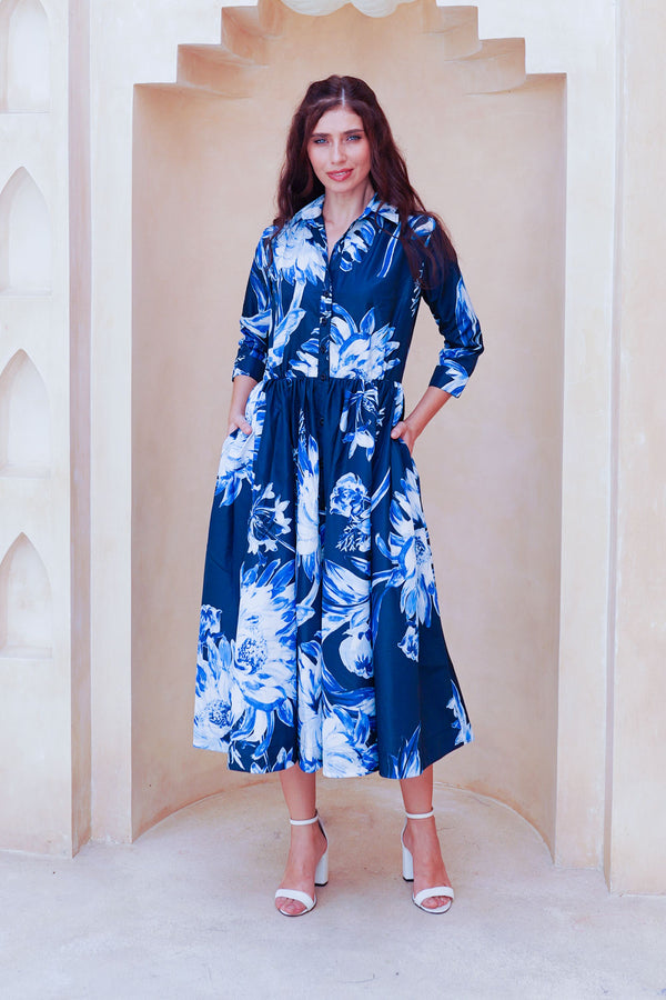 Terry Dress Shirt Collar 3/4 Sleeve Midi Plus Length Poliamide Taffta (Mum Flower Big Pastel)